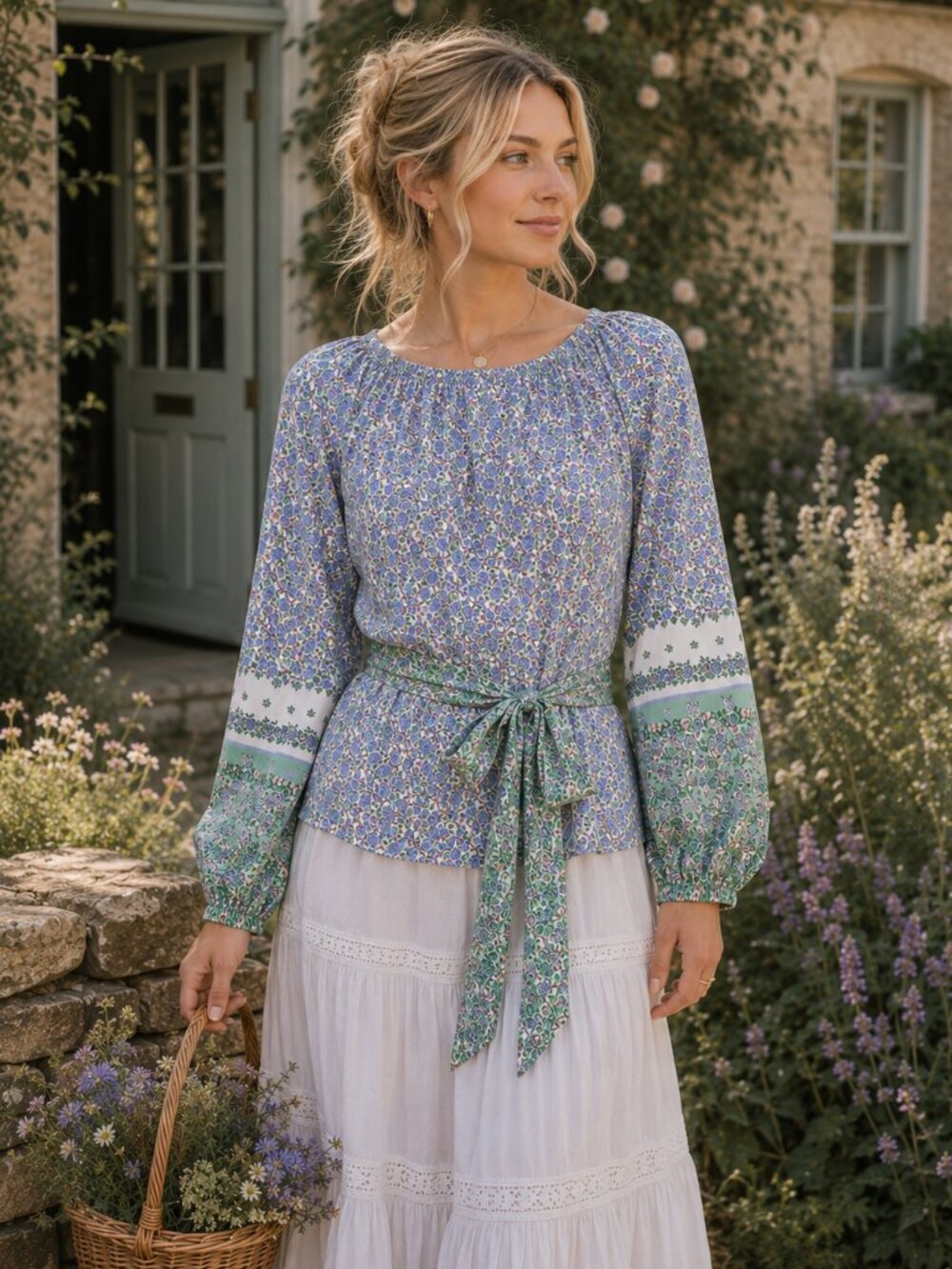 Loft Peasant Top Size M Blue Green Floral Belted Cottagecore Boho